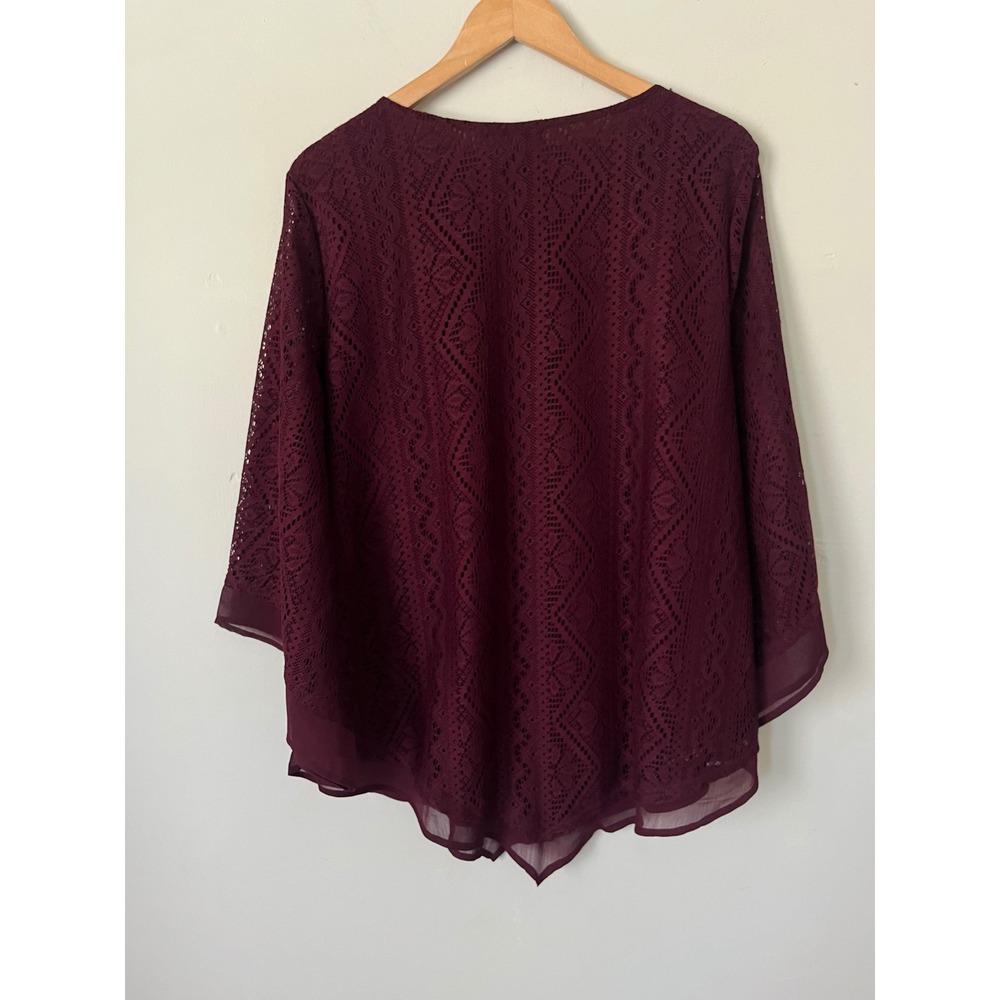 Alfani Womens XL Burgundy Lace Bell Sleeve Blouse Boho Layered Sheer Trim Top - Picture 6 of 6